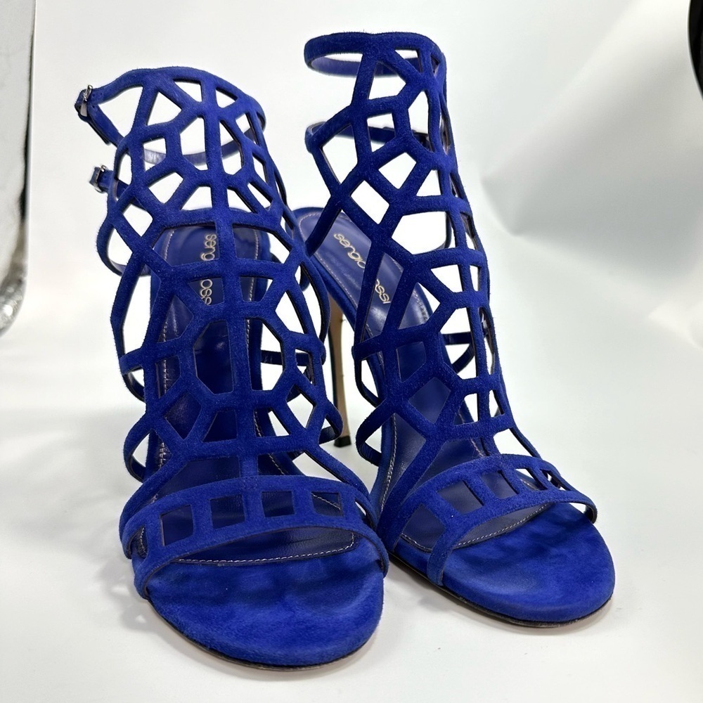 Sergio Rossi Blue suede leather cage heels size 11